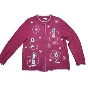 Craft & Barrow Zipper Knit Sweater Red Cardinal Bird Houses Christmas Winter...
